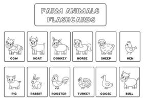 Flashcards d'animaux de ferme en noir et blanc pour les enfants. vecteur