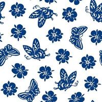 coupe de papier traditionnel bleu classique chinois de vecteur ou modèle sans couture de porcelaine. papillon et motif floral.