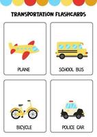 moyens de transport de dessin animé mignon avec des noms. flashcards pour les enfants. vecteur