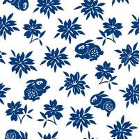 coupe de papier traditionnel bleu classique chinois de vecteur ou modèle sans couture de porcelaine. lapin et motif floral.