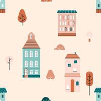 jolies maisons scandinaves sans soudure de fond. enfants répétant l'impression avec des maisons, des buissons, des arbres. conception de texture de ville de bâtiments stylisés nordiques. illustration vectorielle plane couleur