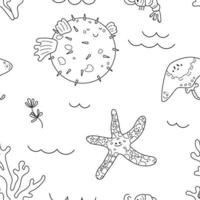 joli motif harmonieux de vie marine, poisson-globe, crevettes, étoiles de mer, algues. style de croquis de griffonnage. texture du monde sous-marin. illustration vectorielle pour l'emballage, le papier peint, l'impression simple pour enfants vecteur