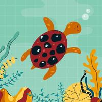 tortue de mer de dessin animé mignon nageant dans l'eau parmi les algues, les coraux. drôle de tortue marine dans l'aquarium. illustration vectorielle plane de couleur enfantine d'adorable personnage sous-marin vecteur