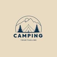 logo, icône et symbole d'art de ligne de montagne de camping, avec la conception d'illustration de vecteur d'emblème