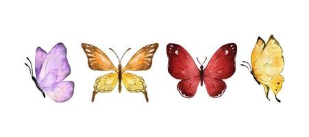 aquarelle de papillons colorés isolé sur fond blanc. papillon violet, orange, jaune et rouge. illustration vectorielle de printemps animaux vecteur