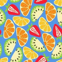 modèle sans couture de fruits frais sur bleu. tranches d'orange, kiwi, citron, fraise stylisées dessinées à la main à la mode. concept d'été enfantin. design coloré fou pour la bannière web, l'emballage, l'impression. vecteur