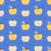 pommes jaunes avec motif de graines. conception de motifs de fruits pour le web, impression. illustration d'été moderne dessinée à la main. fruits frais juteux sur fond bleu. respectueux de la nature. fond sain organique. vecteur