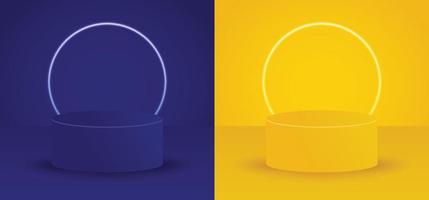 podium de piédestal de cylindre. podium de stand réaliste bleu et jaune avec fond d'anneau néon brillant. illustration vectorielle vecteur