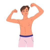 homme athlétique en vêtements de sport. les hommes montrent des muscles. mode de vie sain, corps athlétique. illustration vectorielle plane vecteur