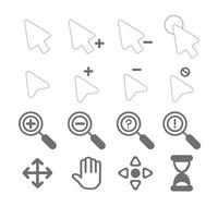 icônes de curseur de pointeur, flèches Web d'ordinateur, curseurs de souris et curseur de pointeur de ligne de clic, main de pixel, main de pointeur, flèche et logo de sablier ensemble d'icônes isolées vectorielles