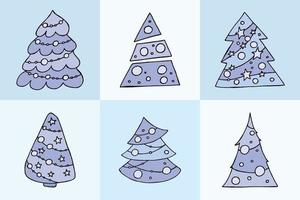 un arbre de noël dessiné à la main. illustration vectorielle dans un style doodle. humeur d'hiver. bonjour 2023. joyeux noël et bonne année. arbres bleus avec des jouets sur fond bleu.