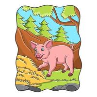 illustration de dessin animé un cochon se promenant dans sa cage près du foin