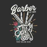 conception de t-shirt coiffeur se fane avec une main de crâne tenant un ciseau et un peigne avec une illustration vintage de fond gris vecteur