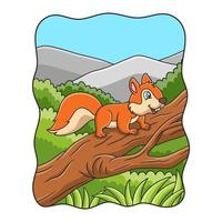 illustration de dessin animé un écureuil courant vers la nourriture sur un tronc d'arbre tombé au milieu de la forêt vecteur