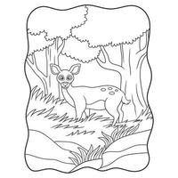 illustration de dessin animé un cerf marchant dans les hautes herbes sous un grand arbre à la recherche d'un livre de nourriture ou d'une page pour les enfants en noir et blanc vecteur