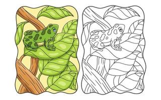 illustration de dessin animé la grenouille est sur une feuille d'un arbre feuillu et haut au milieu de la forêt et lève les yeux pour attraper sa proie livre ou page pour les enfants vecteur