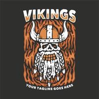 conception de t-shirt vikings avec tête de viking crâne et illustration vintage de fond gris vecteur