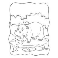 illustration de dessin animé un hippopotame marchant au bord de la rivière au milieu de la forêt livre ou page pour enfants noir et blanc vecteur