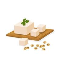 tofu sur une planche de bois et graines de soja, vecteur pour menus, affiches ou étiquettes d'emballage. isolé sur fond blanc.