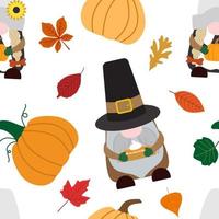 image vectorielle thanksgiving day, modèle sans couture de récolte en style cartoon avec gnomes pèlerins, citrouilles, tarte à la citrouille, feuilles d'automne. isolé sur fond blanc. vecteur