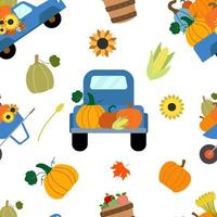 modèle sans couture de vecteur. camion bleu de récolte d'automne avec orange, citrouilles brunes, tournesols, maïs, panier de pommes, épillet de blé. texture répétée, papier d'emballage. isolé sur fond blanc. vecteur