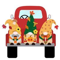 dessin animé récolte automne vecteur gnomes dans un vieux camion rouge avec citrouille orange, tasse à café, champignons forestiers, feuilles mortes sèches. isolé sur fond blanc.