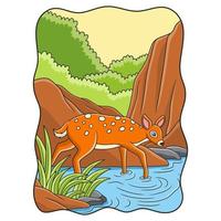 illustration de dessin animé cerf marchant au bord de la rivière pour trouver de la nourriture près de la falaise vecteur