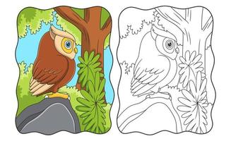 illustration de dessin animé vue latérale d'un hibou perché sur un gros rocher sous un épais arbre forestier à midi livre ou page pour les enfants vecteur