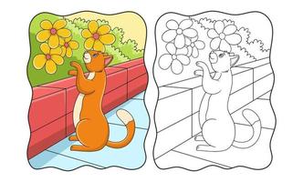 illustration de dessin animé le chat regarde et touche la fleur derrière le livre ou la page du haut mur pour les enfants vecteur