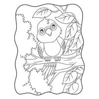 illustration de dessin animé le perroquet est perché sur un grand et grand tronc d'arbre et regarde le livre ou la page des nuages pour les enfants en noir et blanc vecteur