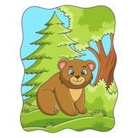 illustration de dessin animé l'ours est assis au milieu de la forêt profitant du temps du matin sous un grand arbre vecteur