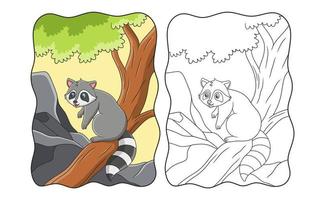 illustration de dessin animé le raton laveur est debout sur un grand tronc d'arbre à la recherche d'un livre de nourriture ou d'une page pour les enfants vecteur