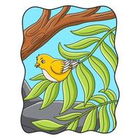 illustration de dessin animé un oiseau posé sur les feuilles d'un grand arbre haut au milieu de la forêt