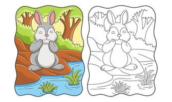 illustration de dessin animé lapin respire de l'air frais au bord de la rivière au milieu de la forêt livre ou page pour les enfants vecteur