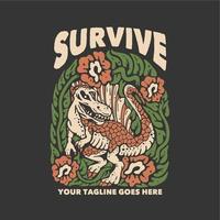 conception de t-shirt survivre avec spinosaurus et illustration vintage de fond gris vecteur