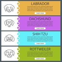 ensemble de modèles de bannière web de races de chiens. labrador, teckel, shih tzu, rottweiler. éléments de menu couleur du site Web avec des icônes linéaires. concepts de conception d'en-têtes vectoriels