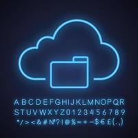 icône de néon de dossier de stockage en nuage. Cloud computing. signe lumineux avec alphabet, chiffres et symboles. illustration vectorielle isolée vecteur