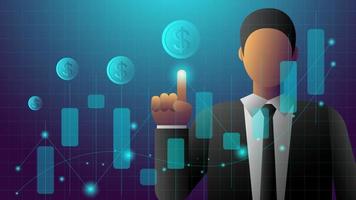 un homme en costume regarde l'analyste financier charts.concept, illustration vectorielle trader.banner.stock. vecteur