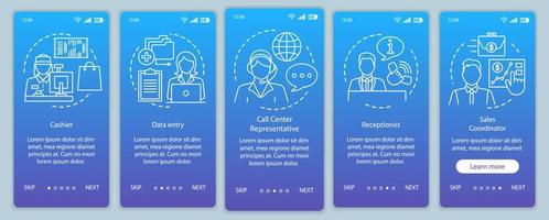 trouver des emplois à temps partiel modèle de vecteur d'écran de page d'application mobile d'intégration bleue. réceptionniste, vente en ligne. étapes du site Web pas à pas avec des illustrations linéaires. concept d'interface de smartphone ux, ui, gui