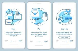 écran de page d'application mobile d'intégration d'abonnement au marketing par e-mail avec des concepts linéaires. instructions graphiques en trois étapes. tarifs de base ou pro. ux, ui, modèle vectoriel gui avec illustrations