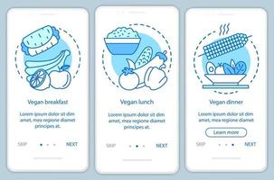 modèle de vecteur d'écran de page d'application mobile d'intégration de menu végétalien. Étapes du site Web pas à pas pour le petit-déjeuner, le déjeuner et le dîner végétariens avec des illustrations linéaires. concept d'interface de smartphone ux, ui, gui