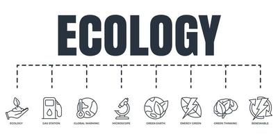 respectueux de la nature. ensemble d'icônes web de bannière d'écologie de durabilité environnementale. terre, énergie verte, station-service, réchauffement climatique, énergie renouvelable, pensée verte, écologie, illustration vectorielle au microscope vecteur