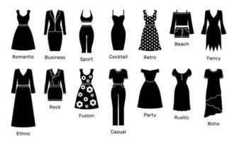 ensemble d'icônes de styles d'usure de vêtements pour femmes ou logo isolé signe symbole illustration vectorielle vecteur