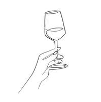 verre de vin dans les mains dessin au trait continu 14 février saint valentin célébrer la conception de la carte logo pub fête restaurant vecteur