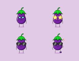 collection de personnage de dessin animé mignon aubergine avec expression sérieuse, sourire et lunettes. adapté à l'émoticône, au logo, au symbole et à la mascotte. comme un émoticône, un autocollant ou un logo végétal vecteur