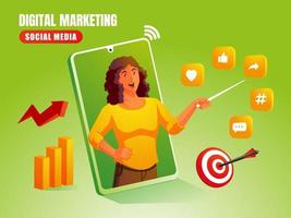 une femme explique le marketing numérique des médias sociaux avec des logos de médias sociaux et des diagrammes graphiques vecteur