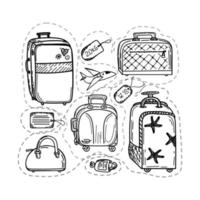 ensemble de différents types de bagages, doodle dessiné à la main dans le style de croquis. illustration vectorielle. grande et petite valise, bagage à main, valise, étiquettes. avion. croquis en style cartoon vecteur