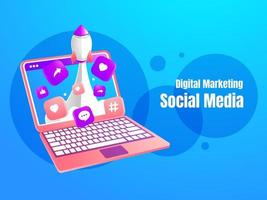 marketing des médias sociaux avec ordinateur portable et fusée concept de marketing des médias sociaux vecteur