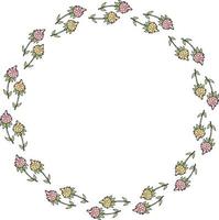 cadre rond romantique avec des griffonnages de fleurs roses et jaunes. couronne florale sur fond blanc pour votre conception. vecteur