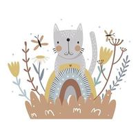 chat mignon, arc-en-ciel et fleurs. imprimer pour les enfants. illustration vectorielle. vecteur